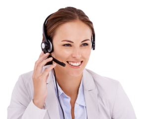 Call center, communication and happy woman isolated on transparent, png background for tech support or virtual help. Professional agent, consultant or young business person with telemarketing vision