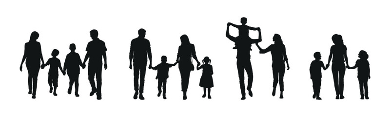 Family parents  with children walking together white background silhouette set.