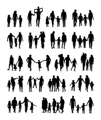 Family with children walking and playing together white background silhouette set.