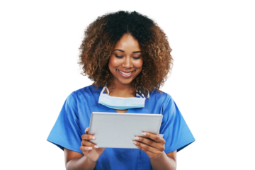 African woman, nurse and tablet isolated on png, transparent background for surgery or hospital technology. Happy surgeon, doctor or medical person with mask, digital research and telehealth website
