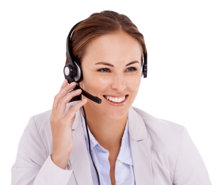Call center, communication and happy woman isolated on transparent, png background for tech support or virtual help. Professional agent, consultant or young business person with telemarketing vision