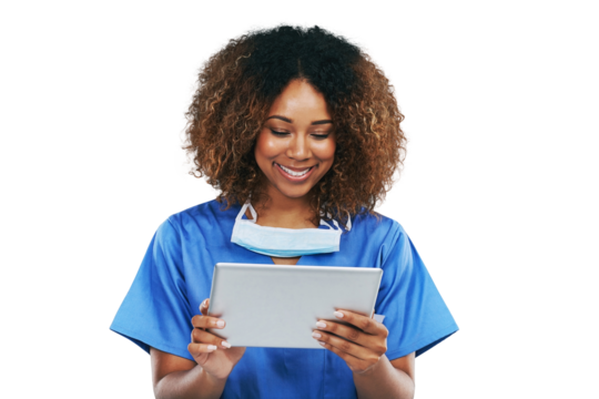 African woman, nurse and tablet isolated on png, transparent background for surgery or hospital technology. Happy surgeon, doctor or medical person with mask, digital research and telehealth website
