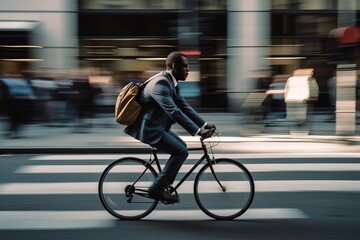 Man riding a bicycle to work, reducing his carbon footprint and embracing eco-friendly transportation. Generative AI