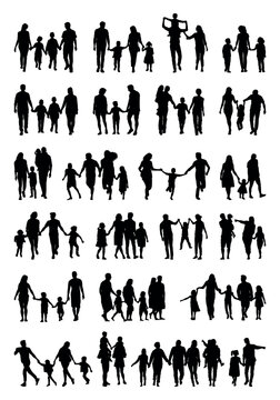 Happy family with children walking and playing together white background silhouette set.