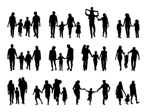 Family walking various poses with white background silhouette set.