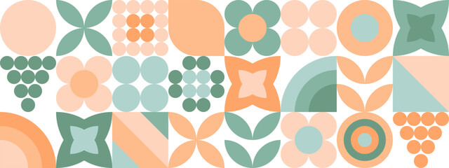 Trendy seamless geometric pattern of squares and circles, flat cartoon sketch summer background. Minimalistic natural figures of simple shapes in pastel shades.