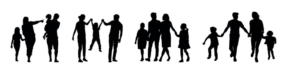 Family group walking together outdoor activities silhouette set.