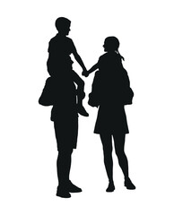 Father and mother carrying their kids on shoulders  vector silhouette.