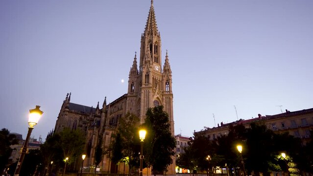 View of "Good Shepherd of San Sebasti&aacute;n Cathedral" luminated at night. Beautiful catholic church situated in the center of the city. Neo-Gothic style. Stabilized static video.