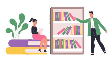 People studying and reading library books. Woman sitting on pile of textbooks. Cartoon boy using online application for learning