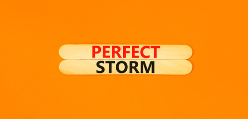 Perfect storm symbol. Concept words Perfect storm on beautiful wooden stick. Beautiful orange table orange background. Business and Perfect storm concept. Copy space.
