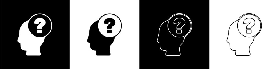 Set Human head with question mark icon isolated on black and white background. Vector