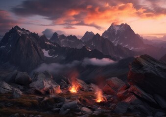 Campfire At The Top of the mountain. Concept for camping and hiking. Generative AI.