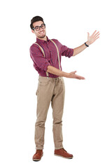 Portrait, man and hand gesture for model in glasses or happy nerd isolated on a transparent png...