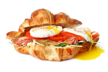 Tasty eggs Benedict isolated on white background, closeup