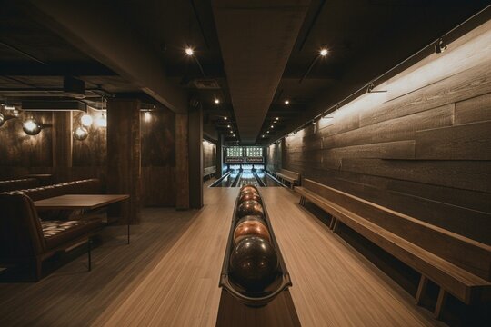 Indoor venues for bowling games with wooden lanes, pins and balls. Generative AI