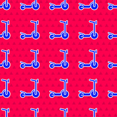 Blue Roller scooter for children icon isolated seamless pattern on red background. Kick scooter or balance bike. Vector