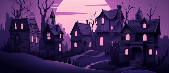 Halloween party design with spooky houses and purple accent, big moon in the background, cartoonish style - Generative AI