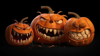 halloween pumpkins with funny faces and big teeth isolated on the black background - Generative AI