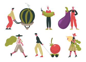 Tiny people with fruits and vegetables, farm organic healthy food illustration set. Female and male characters carrying raw food