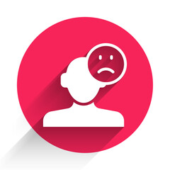 White Sad and depressed man, bad mood icon isolated with long shadow background. Red circle button. Vector