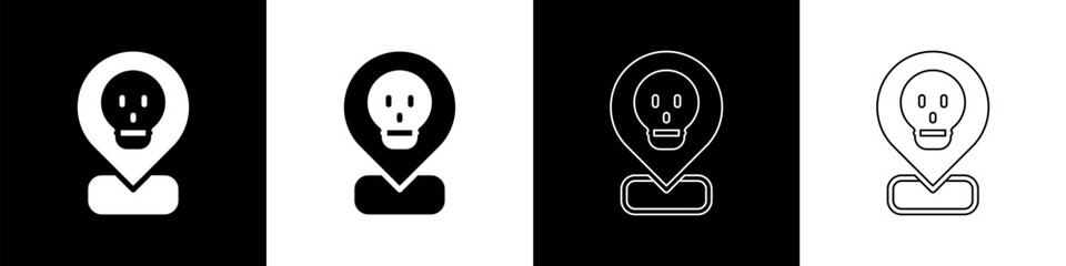 Set Radioactive in location icon isolated on black and white background. Radioactive toxic symbol. Radiation Hazard sign. Vector