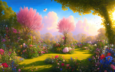 Paradise garden full of flowers, beautiful idyllic background with many flowers in Eden, illustration with Fairytale colors. Generative Ai. - obrazy, fototapety, plakaty