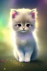 Naklejka na ściany i meble Funny little kitten, sad and cute on a colorful blurred background. Generative Ai.