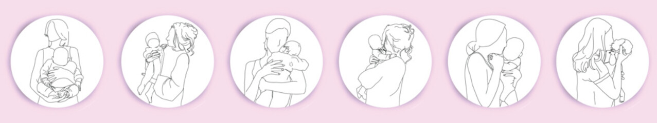 Mother and newborn baby in hands. Young mom holding and hugging calm child. Happy peaceful woman and infant portrait. Single-parent family. vector