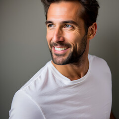 Obraz premium ai-generated, illustration of a happy handsome caucasian male wearing a t-shirt