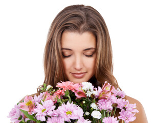 Isolated woman, smell flowers and eyes closed with smile for present, gift and happy by transparent png background. Girl, model and thinking with floral bouquet for valentines day, birthday or event