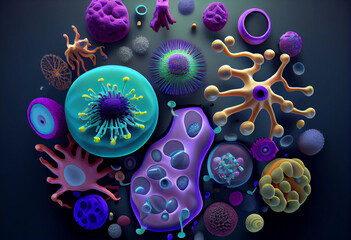 Bacterial disease with colorful organisms in large canvas format. light purple and dark blue  Wimmel Builder. Generative AI