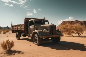 Fototapeta na wymiar An aged truck amidst arid land. Generative AI