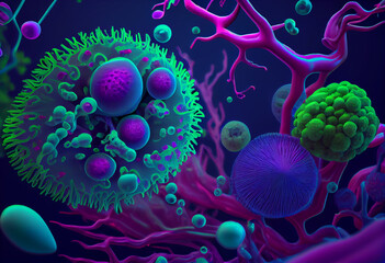 Many different bacteria in the blue environment in the form of magenta and green.  medical course. Generative AI