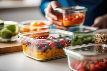 Woman putting cut fruit and vegetable into box and containers,  closeup. Generative AI.