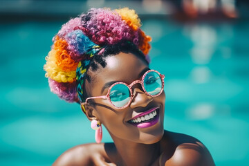 Portrait of smiling black woman with trendy sunglasses and vivid hair by the pool on vacation enjoy. Generative AI illustration