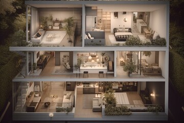 3D illustration of contemporary house layout. Generative AI