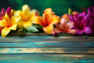 Empty wooden tabletop with colorful flowers background for advertising and presentation. Selective focus on tabletop. Generative AI illustration