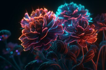 Floral fractal made of neon tubes. Generative AI