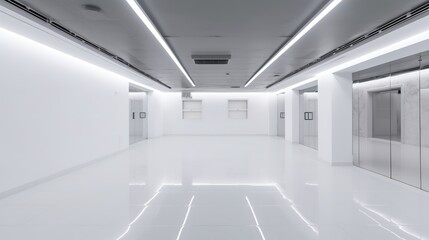 Illustration of glossy spacious well lit white interior with light reflections and copy space. Indoor background. AI generative image.