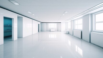 Illustration of glossy spacious well lit white interior with light reflections and copy space. Indoor background. AI generative image.