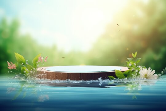 Circular platform, round podium for product display in pond with calm and clear blue water. Showcase in outdoor spring nature background with copy space. AI generative image.