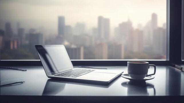 Modern office comfortable workplace with laptop and mug on a table by window with skyscrapers big city view. Indoor background. AI generative image