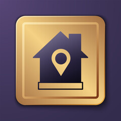 Purple Map pointer with house icon isolated on purple background. Home location marker symbol. Gold square button. Vector
