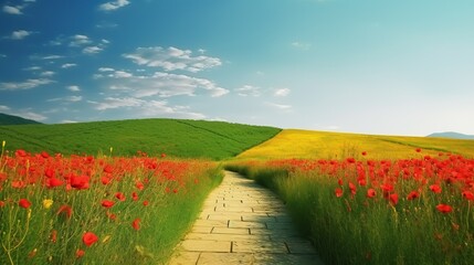 Yellow brick road through green meadows with red poppy flowers, fantasy summer outdoor background. AI generative.