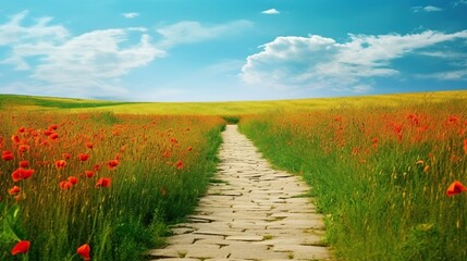 Yellow brick road through green meadows with red poppy flowers, fantasy summer outdoor background. AI generative. - obrazy, fototapety, plakaty