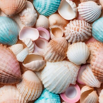 Seamless pattern with different sea shells. Oceanic seashells and sand background. Wrapping paper or textile design template. AI generative image.
