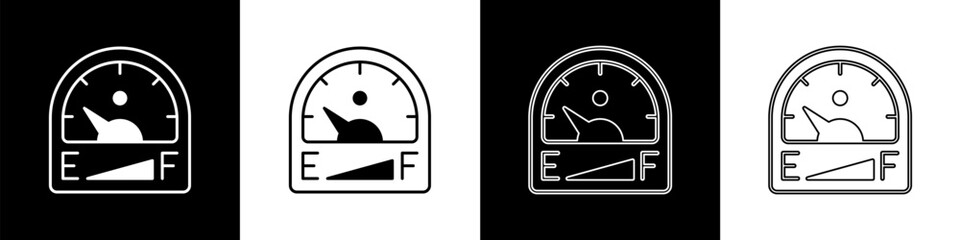 Set Motor gas gauge icon isolated on black and white background. Empty fuel meter. Full tank indication. Vector