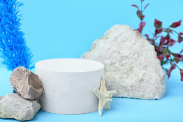Decorative plaster podium, starfish, stones and seaweed on blue background