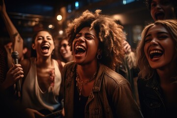 A genuine moment of a diverse group of friends enjoying a karaoke night, singing and dancing with sheer happiness and excitement. Generative AI